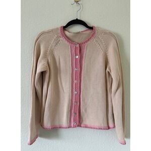 Spartina 449 Beige Pink Contrast Trim Cotton Knit Button Front Cardigan Preppy